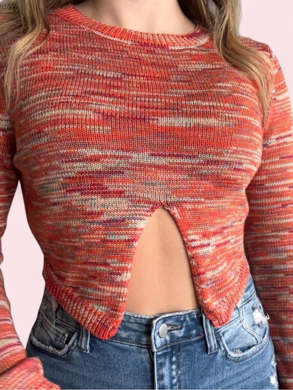 Pretty Garbage Orange Multicolor Knit Front-Slit Sweater